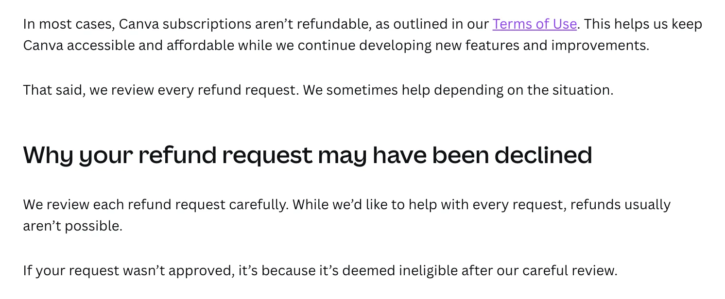 The opening of Canva's help page on refunds: in most cases Canva subscriptions aren't refundable, as outlined in the Terms of Use, though Canva reviews every refund request and sometimes helps depending on the situation
