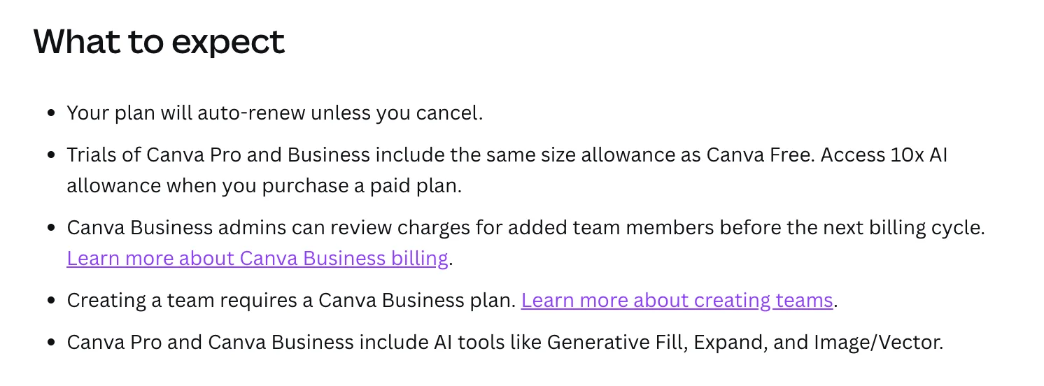 Canva's help page section headed What to expect, stating that plans auto-renew unless you cancel and that trials of Canva Pro and Business include the same size AI allowance as Canva Free