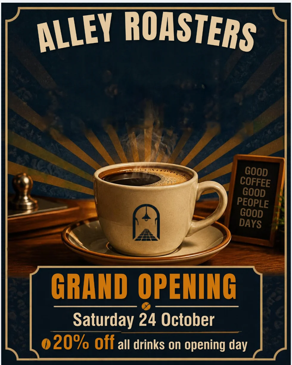 The Instagram post Canva AI generated for a coffee shop opening, after the headline was corrected by hand to read Alley Roasters, with Grand Opening, Saturday 24 October and 20% off all drinks on opening day