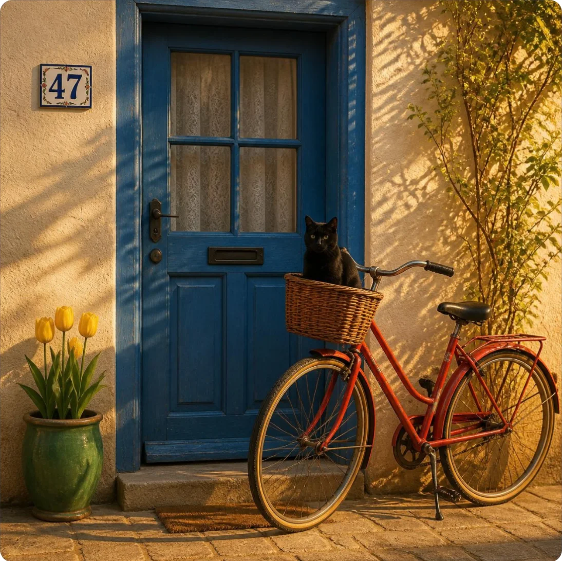 Canva AI's version of the seven-part scene: a red bicycle with a black cat in its basket by a blue door, four yellow tulips in a green pot on the left, and a tile reading 47 on the wall beside the door