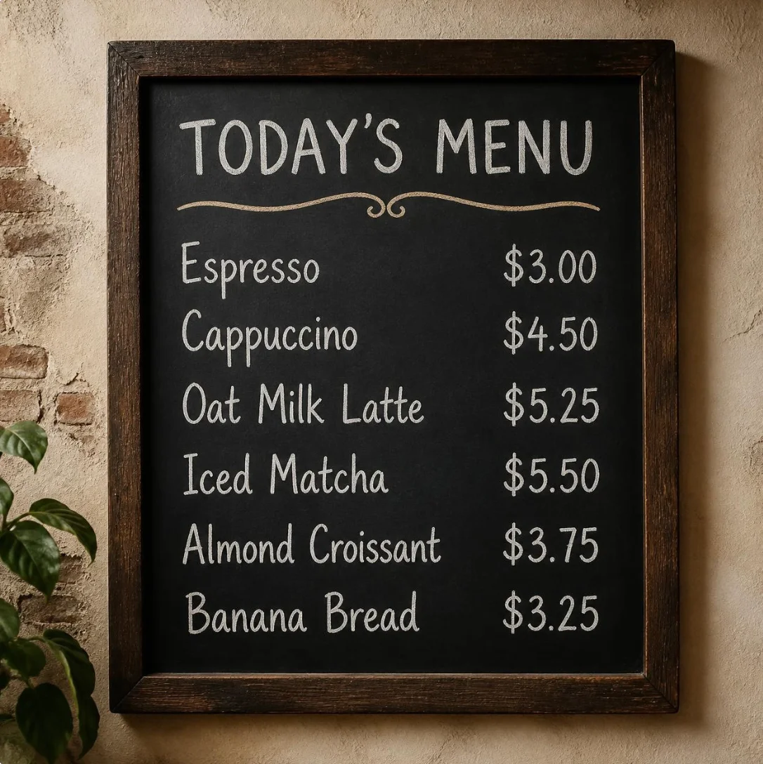 A café chalkboard menu made by Canva AI titled Today's Menu, listing Espresso $3.00, Cappuccino $4.50, Oat Milk Latte $5.25, Iced Matcha $5.50, Almond Croissant $3.75 and Banana Bread $3.25