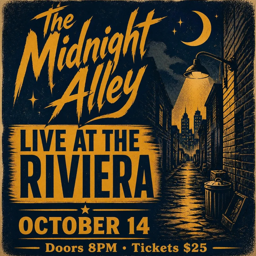 A vintage screen-printed gig poster made by Canva AI reading The Midnight Alley, Live at the Riviera, October 14, and Doors 8PM, Tickets $25, in navy and amber
