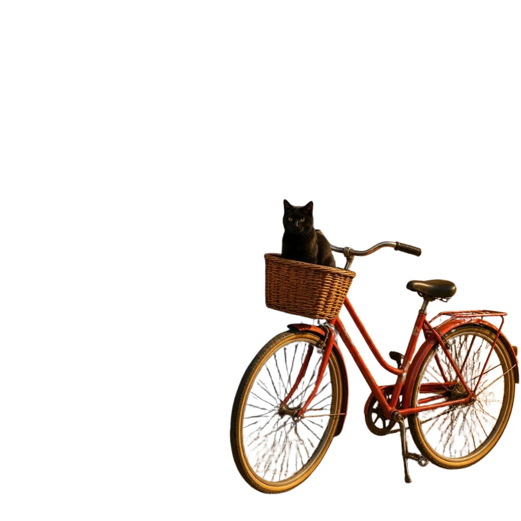 The result of Canva's background remover on the bicycle scene: only the red bicycle, its wicker basket and the black cat remain on a blank background