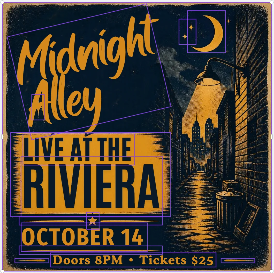 The gig poster after Canva's Magic Layers, with selection boxes around each separated text line and graphic; the band name now reads Midnight Alley without the word The