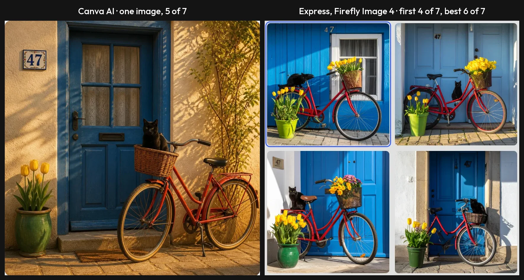 Side by side on the seven-part scene prompt: Canva AI's single image has four tulips and the number 47 beside the door; the four Firefly Image 4 results in Adobe Express vary, with the first showing a blue wall and window in place of a door