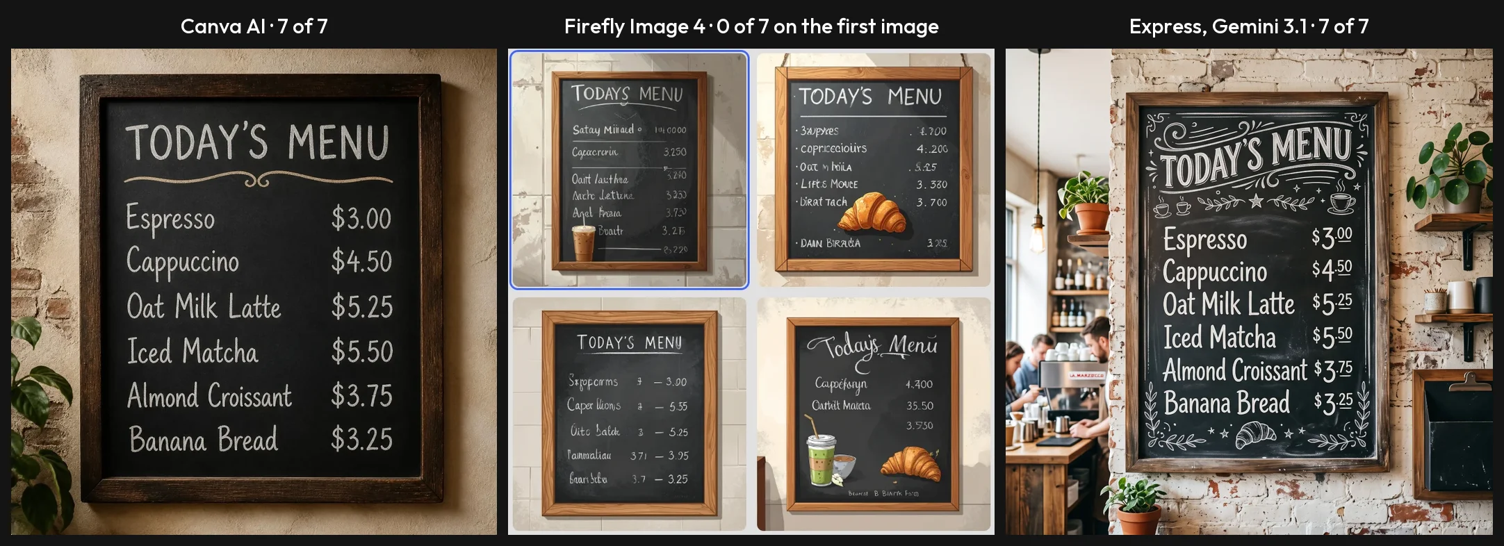 Side by side of the same chalkboard menu prompt: Canva's image with every line spelled correctly, and the first Firefly Image 4 result in Adobe Express with garbled item names