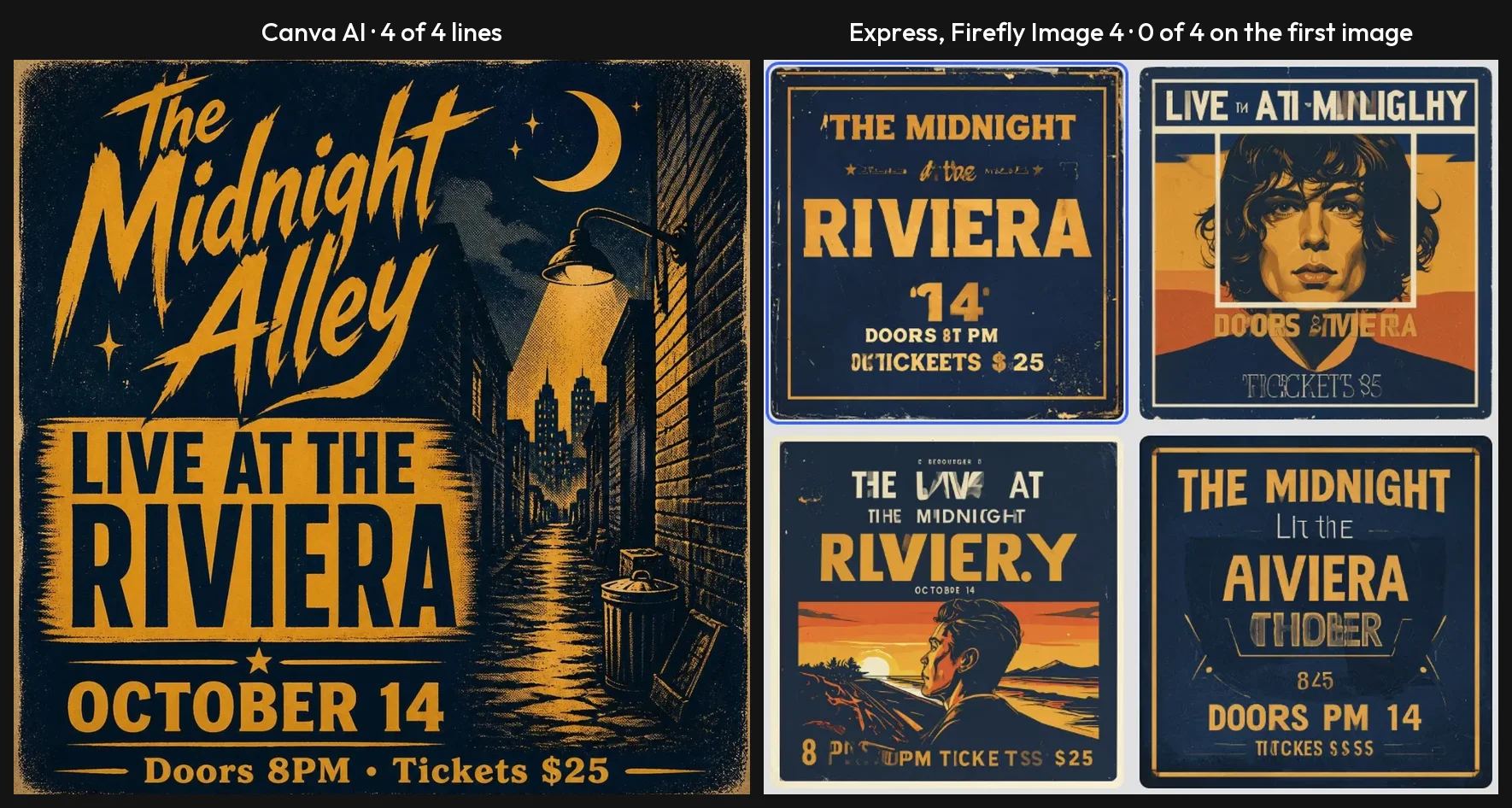 Side by side on the same gig poster prompt: Canva AI's single poster reads The Midnight Alley, Live at the Riviera, October 14, Doors 8PM, Tickets $25, all correct; the four posters from Firefly Image 4 in Adobe Express all carry garbled text