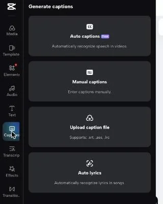 The CapCut captions panel showing Auto captions carrying a Free badge alongside manual captions, caption file upload and auto lyrics