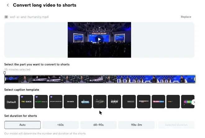 The CapCut convert screen showing the caption template picker and the Auto duration setting, with under-60s, 60-90s and 90s-3m presets available