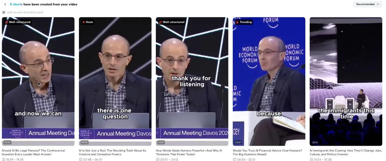 Eight vertical clips produced by CapCut's Long video to shorts tool, each with burned-in captions, source timecodes and qualitative tags reading Well-structured, Hook and Trending