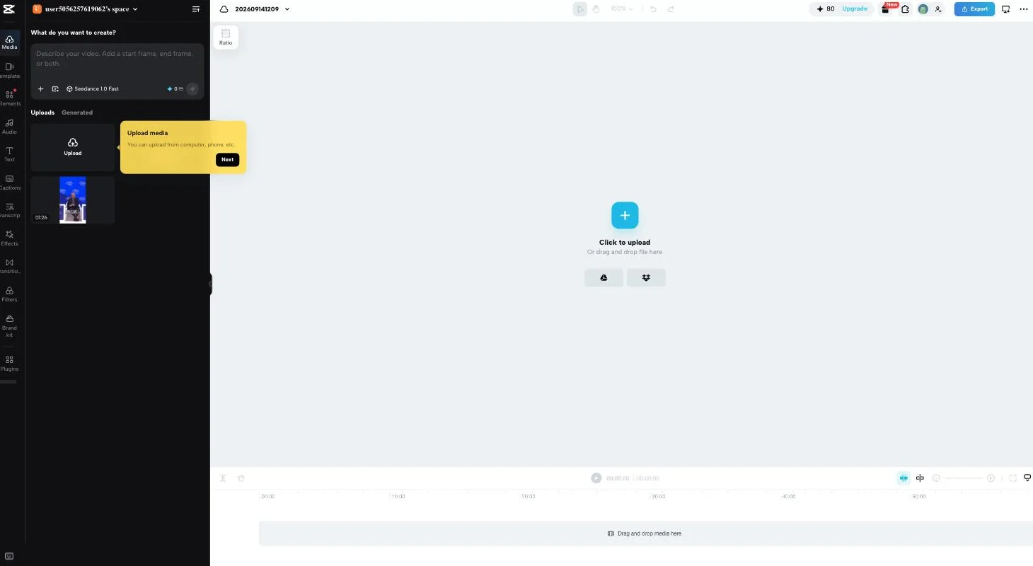 The CapCut browser video editor showing the multi-track timeline, the preview pane and the left tool rail covering media, captions, transcript, effects and brand kit