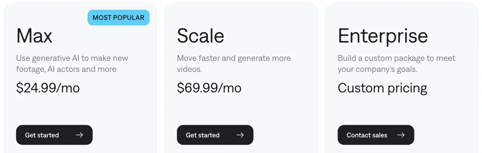 The Captions pricing page showing three plan cards: Max at $24.99 a month marked most popular, Scale at $69.99 a month, and Enterprise with custom pricing. No free plan card and no cheaper paid plan appear.