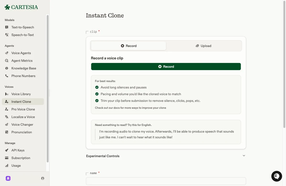 The Cartesia Instant Clone screen: record or upload a short clip, with guidance for a clean result