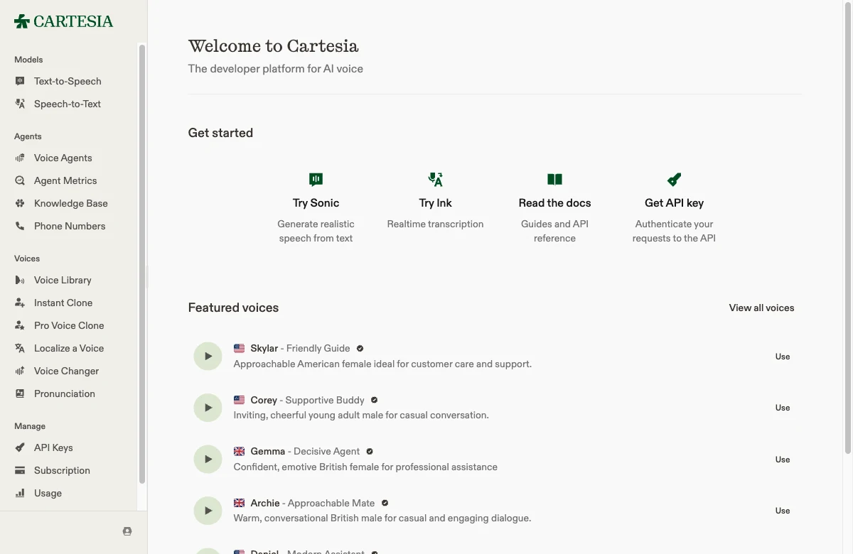 The Cartesia playground dashboard: Text-to-Speech and Speech-to-Text models, a Voice Agents stack, and the voice library