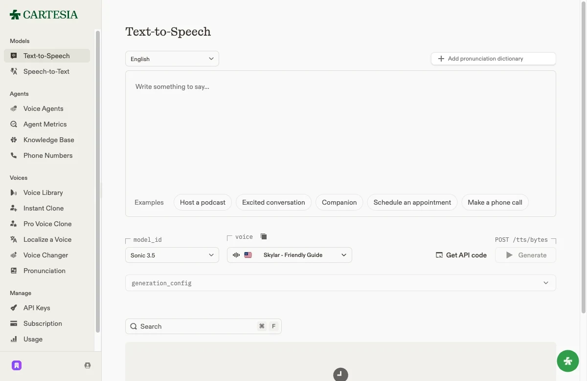 Cartesia's Text-to-Speech playground, with a one-click Get API code button