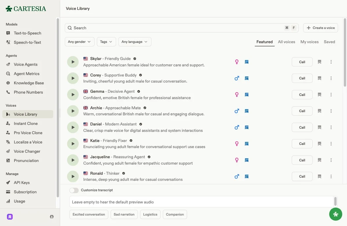 The Cartesia voice library — nearly every featured voice is described in customer-support and assistant terms
