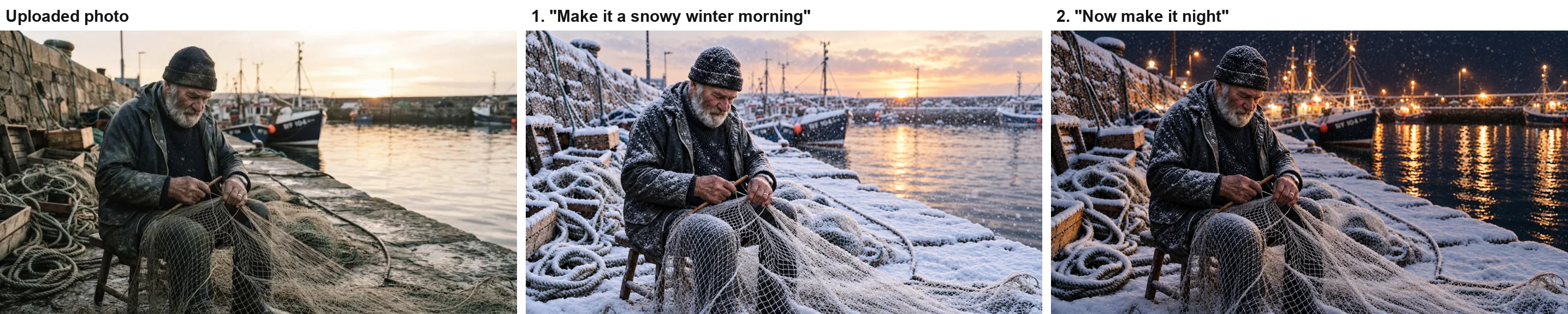 Three versions of a fisherman mending nets at a harbour: the uploaded photo at sunset, ChatGPT's edit with snow on the wall, boats and nets, and a follow-up edit at night with the boats lit