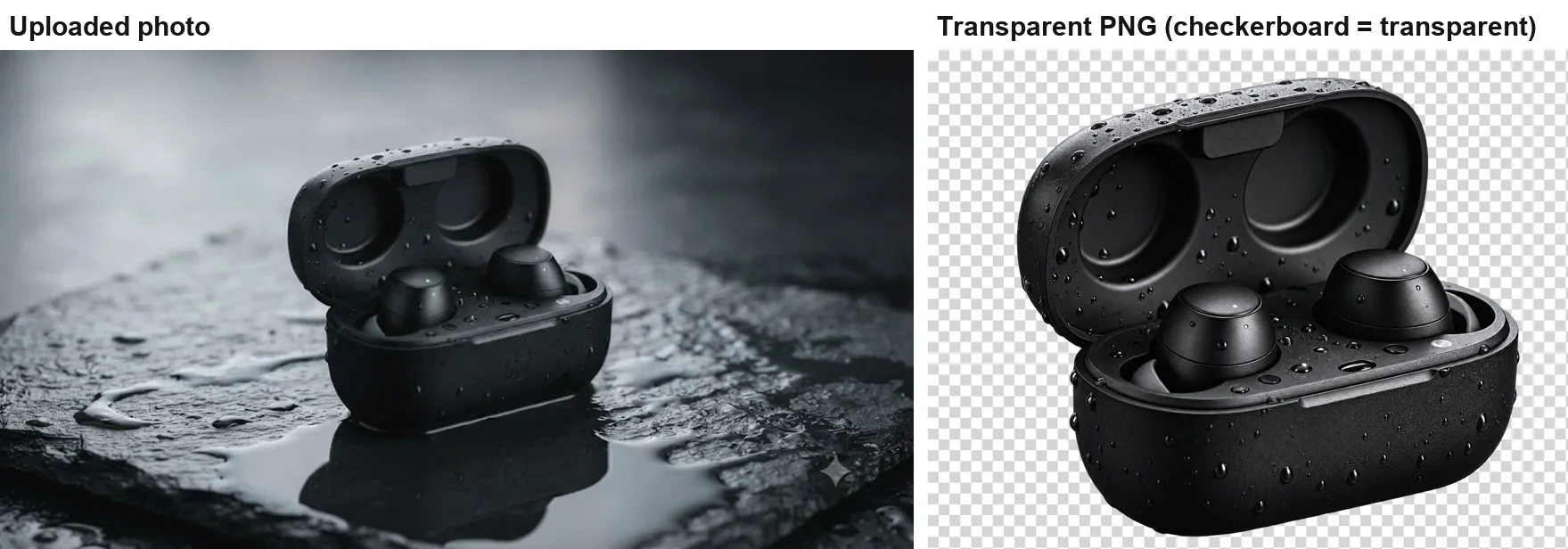 An earbud case photographed on wet slate, next to ChatGPT's transparent PNG of the case shown on a grey and white checkerboard