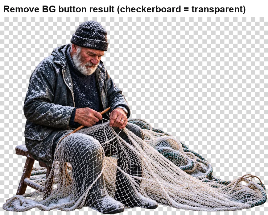 ChatGPT's Remove BG result: the fisherman on his stool with his nets and ropes, cut out on a checkerboard so the transparent areas show through the mesh