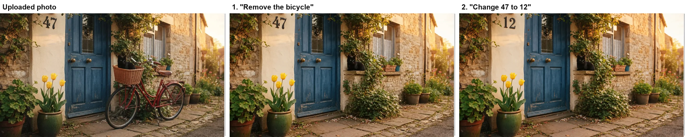 Three versions of a blue door: the uploaded photo with a red bicycle and a cat in its basket, ChatGPT's edit with the bicycle removed and the cat moved to a window ledge, and a second edit changing the house number from 47 to 12