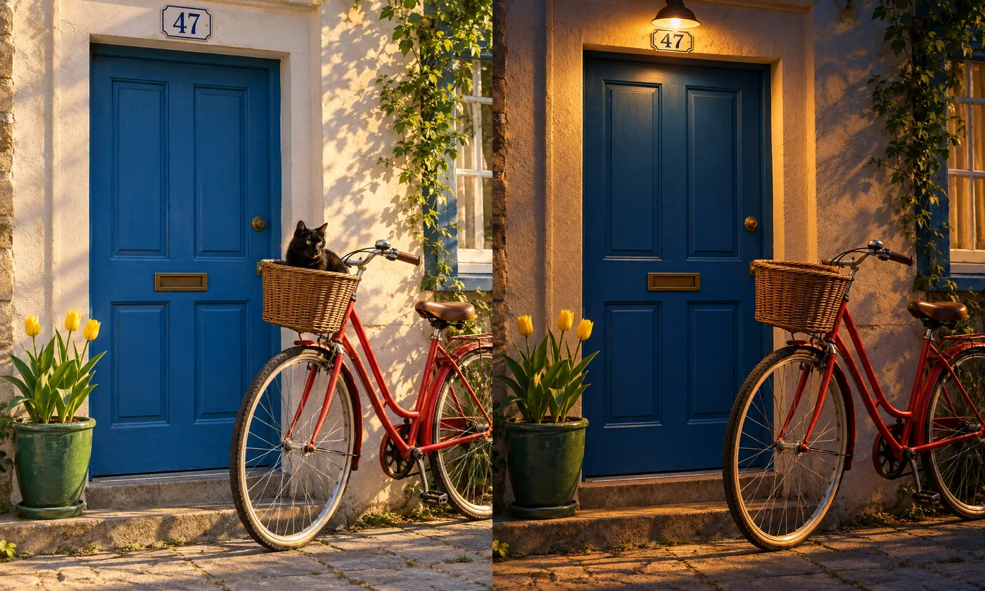 Side by side: the original ChatGPT bicycle scene, and the edited version with the cat removed, a lamp added above the door, and warmer evening light