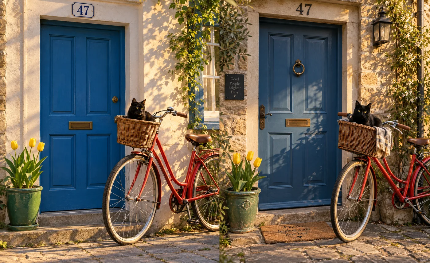 Side by side: the bicycle scene from ChatGPT Free in Instant mode, and the same prompt on Plus at Thinking effort High, with stone walls, a lantern and a doormat