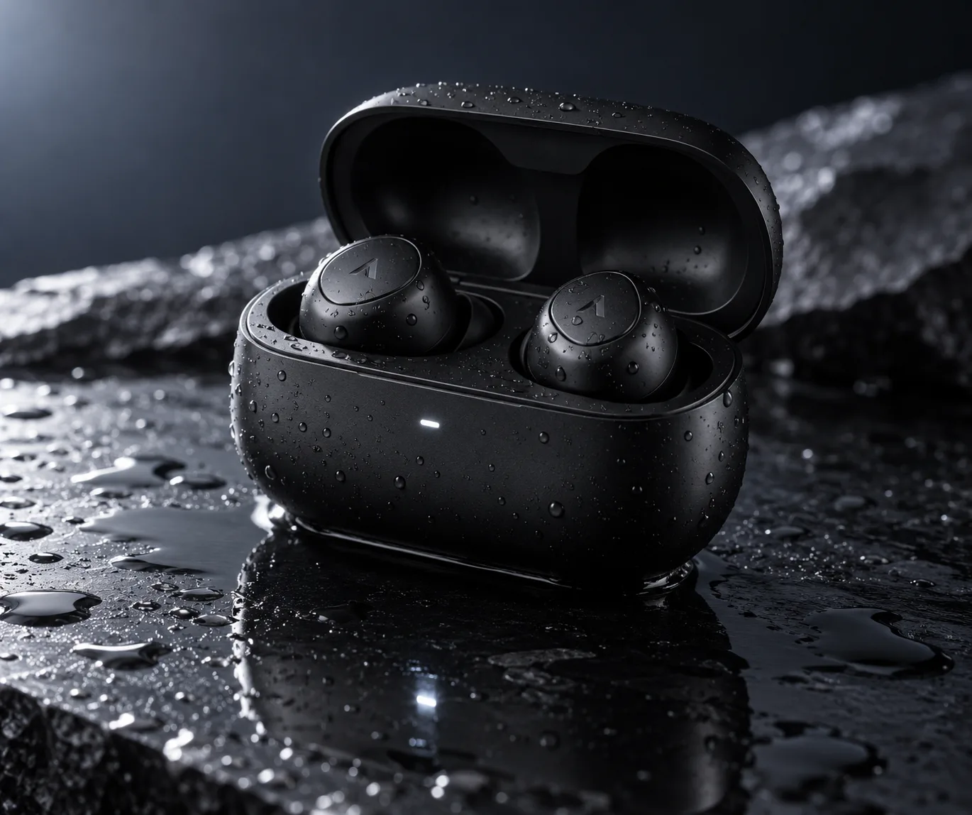 A ChatGPT product photograph of an open matte-black wireless earbud case on wet dark slate, with water droplets and rim lighting