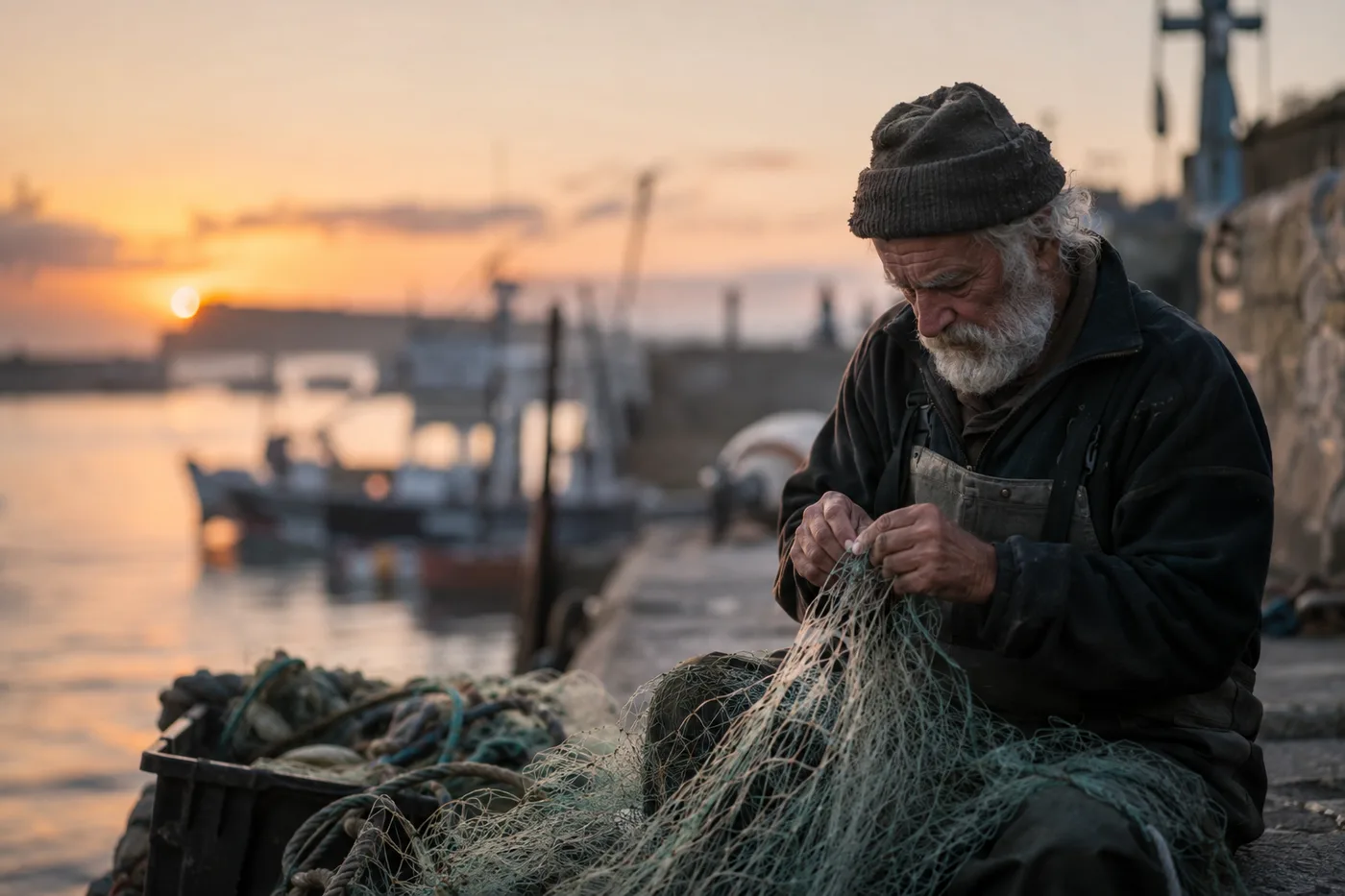 A photoreal ChatGPT portrait of an elderly bearded fisherman mending a green net on a harbour wall at dawn, with a shallow depth of field