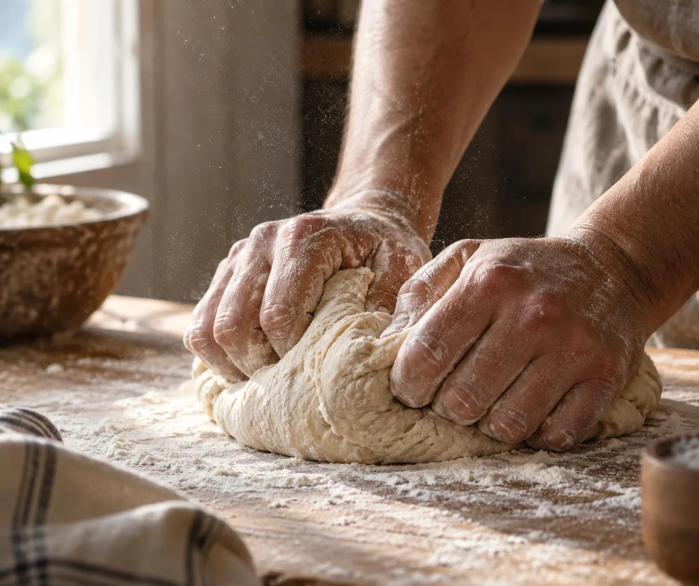 A photoreal ChatGPT image of two floured hands kneading bread dough on a wooden table in window light