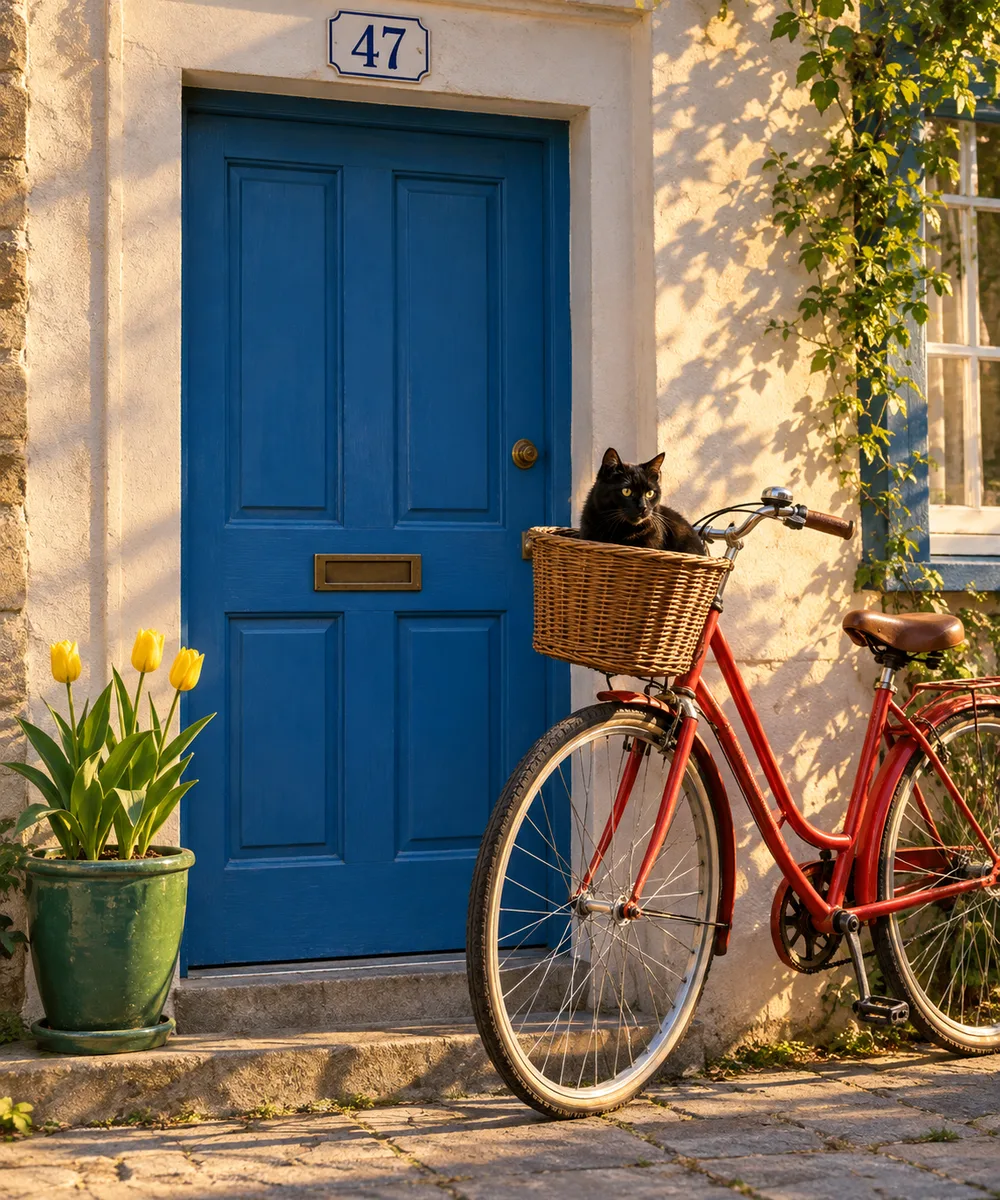 A ChatGPT-generated scene of a red bicycle with a black cat in its front basket, beside a blue door numbered 47, with three yellow tulips in a green pot on the left, lit by late sun