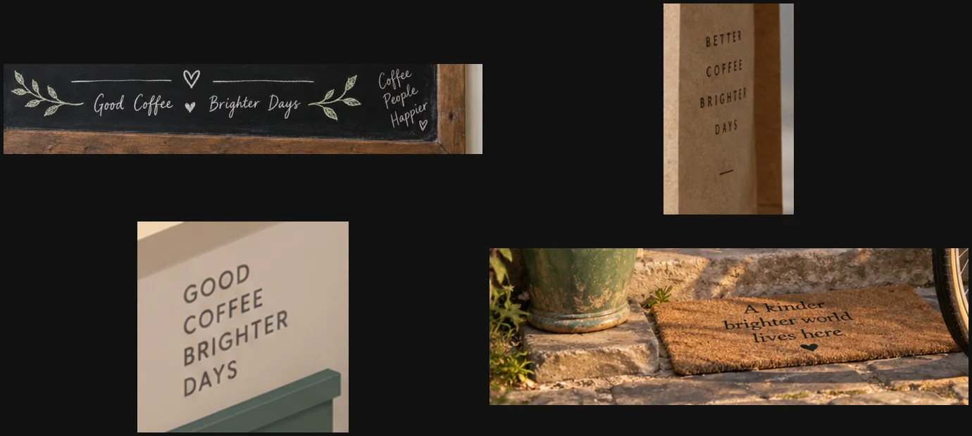 Four crops from separate ChatGPT images showing variations on one invented slogan: Good Coffee Brighter Days on a menu, Better Coffee Brighter Days on a coffee bag, Good Coffee Brighter Days on a café wall, and A kinder brighter world lives here on a doormat