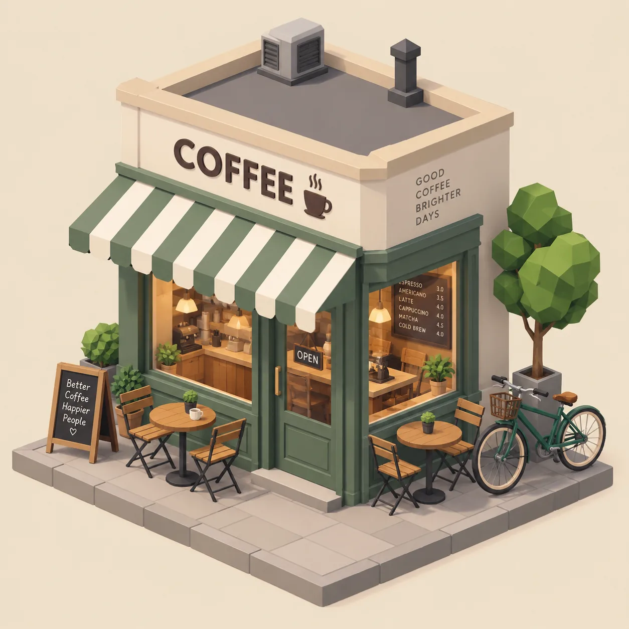 An isometric pastel coffee shop generated by ChatGPT with a green striped awning, two outdoor tables, a bicycle and a low-poly tree, where the building itself is smooth rather than low-poly