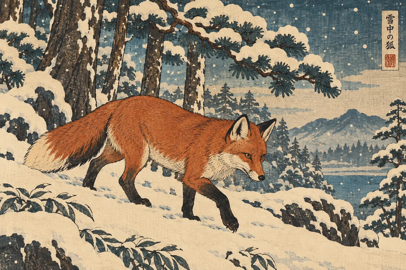 A ChatGPT image of a red fox in a snowy pine forest in traditional Japanese ukiyo-e woodblock print style, with a title cartouche and red seal