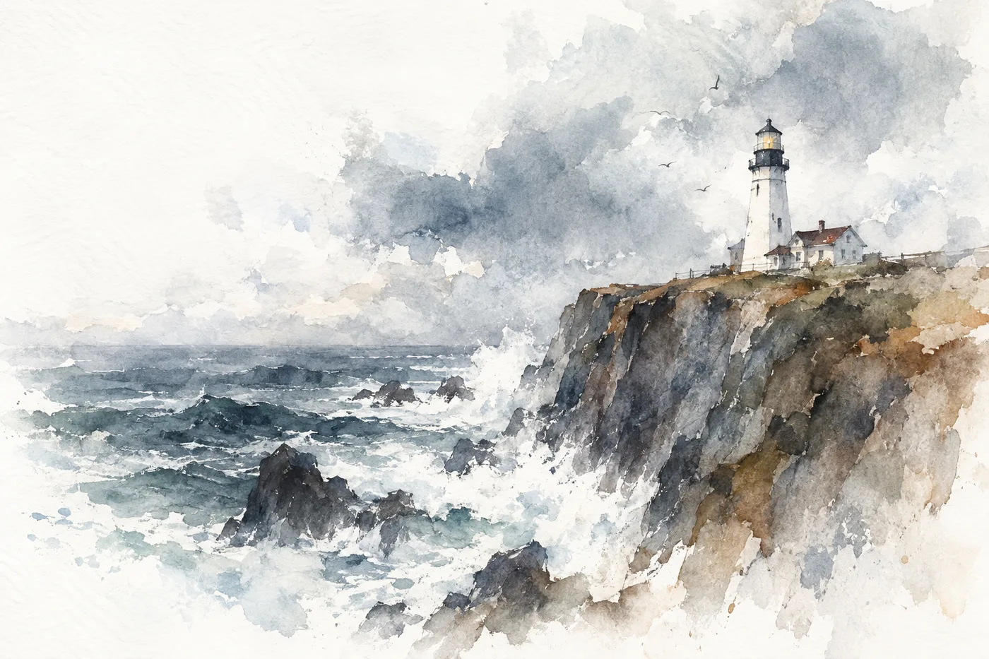 A loose watercolour painting generated by ChatGPT of a lighthouse on a rocky cliff above a stormy sea, with wet-on-wet washes and white space