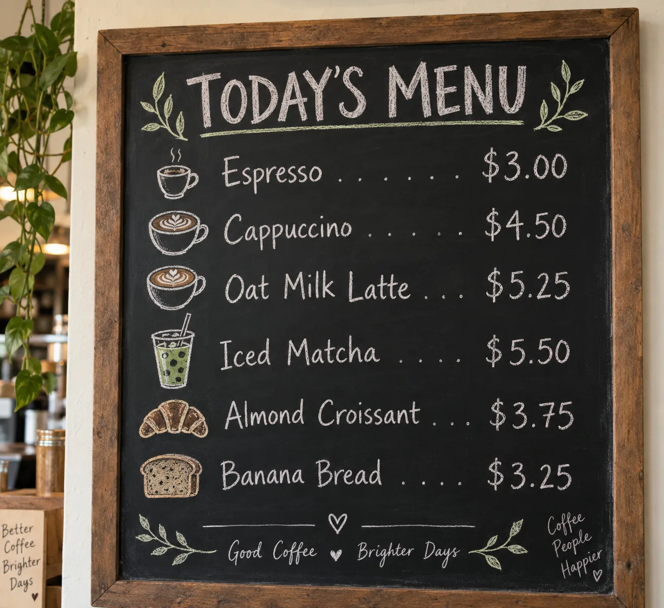 A café chalkboard menu generated by ChatGPT titled Today's Menu, listing Espresso $3.00, Cappuccino $4.50, Oat Milk Latte $5.25, Iced Matcha $5.50, Almond Croissant $3.75 and Banana Bread $3.25