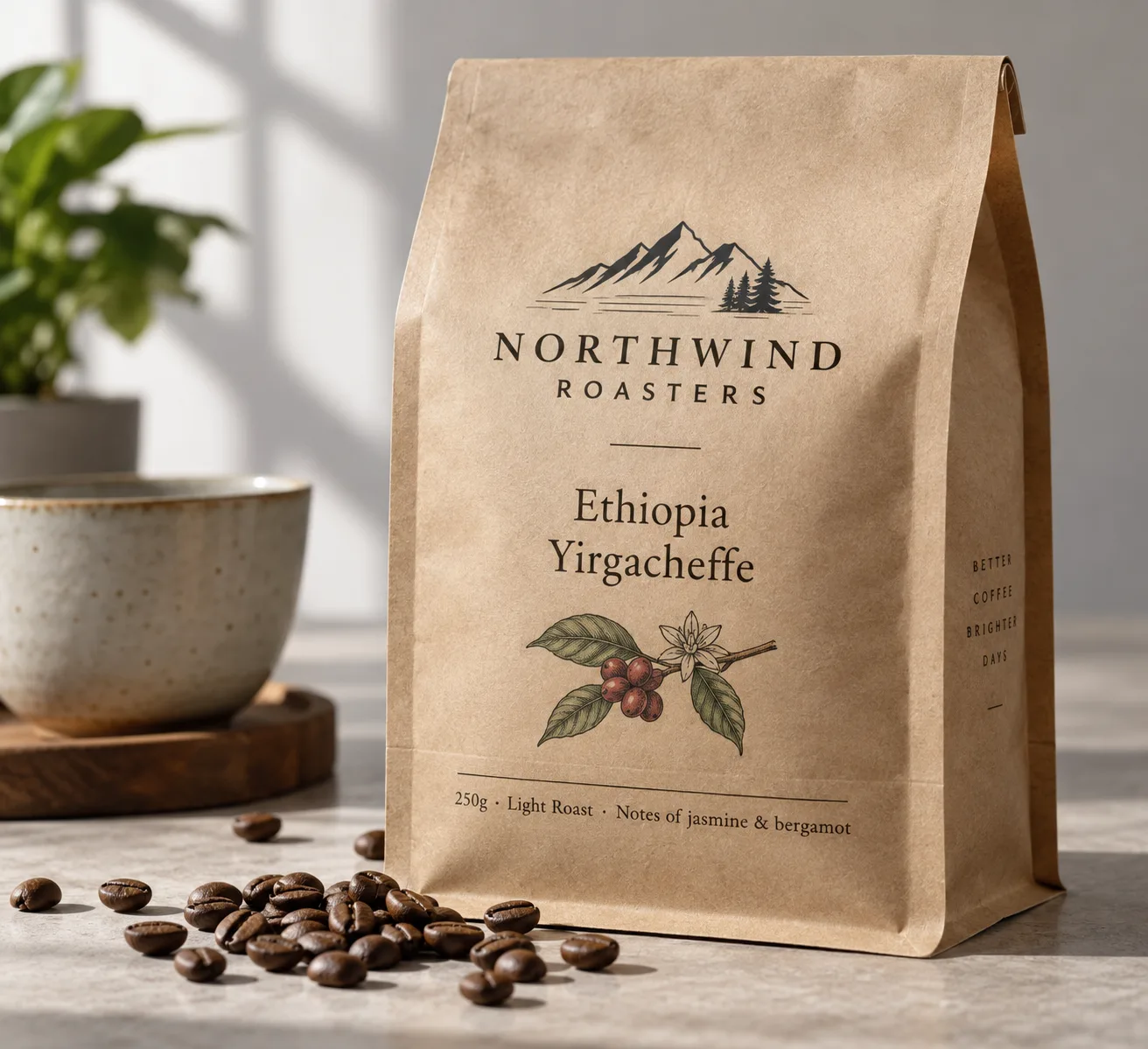 A kraft coffee bag generated by ChatGPT labelled Northwind Roasters, Ethiopia Yirgacheffe, 250g · Light Roast · Notes of jasmine & bergamot, with an unrequested Better Coffee Brighter Days slogan on the side panel