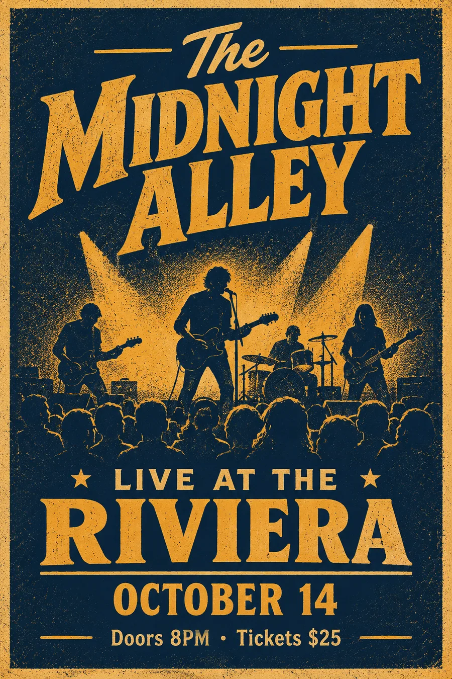 A navy and amber screen-printed concert poster generated by ChatGPT reading The Midnight Alley, Live at the Riviera, October 14, Doors 8PM · Tickets $25