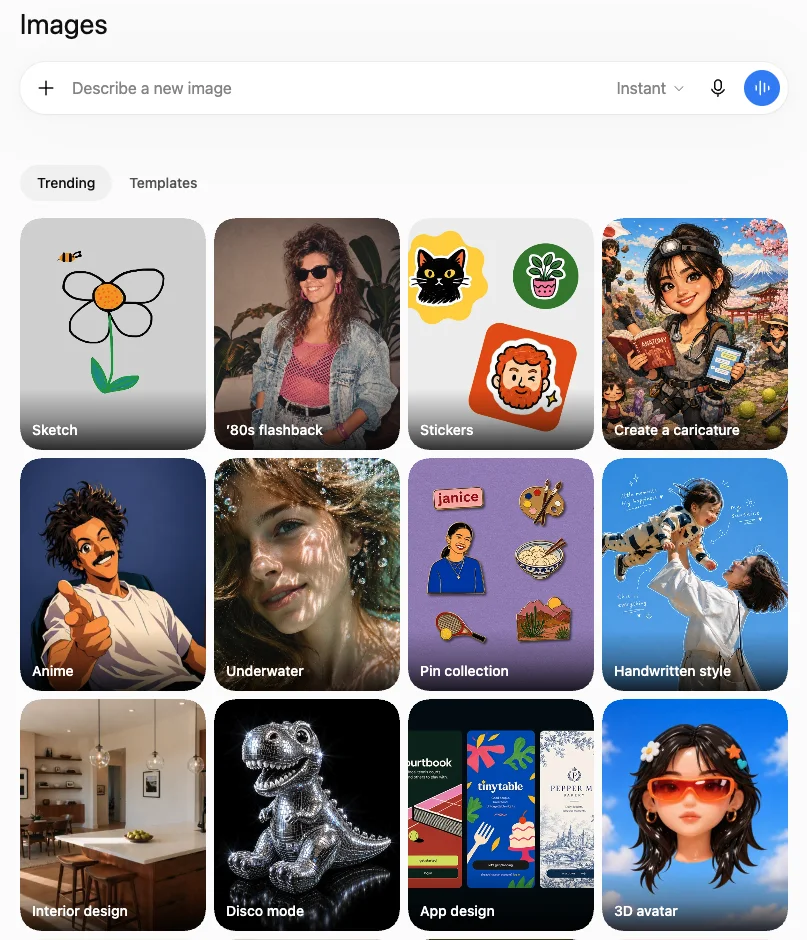 The ChatGPT Images page, with a Describe a new image prompt box, an Instant effort picker, and Trending style tiles including Sketch, 80s flashback, Stickers, Anime and 3D avatar