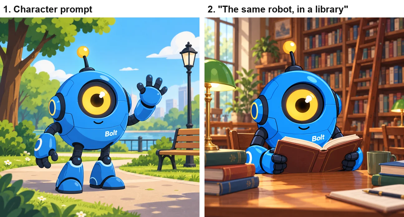 Left: ChatGPT's round blue one-eyed robot named Bolt waving in a park, with Bolt printed on its chest. Right: the same robot at a library desk reading a book, in the same flat illustration style