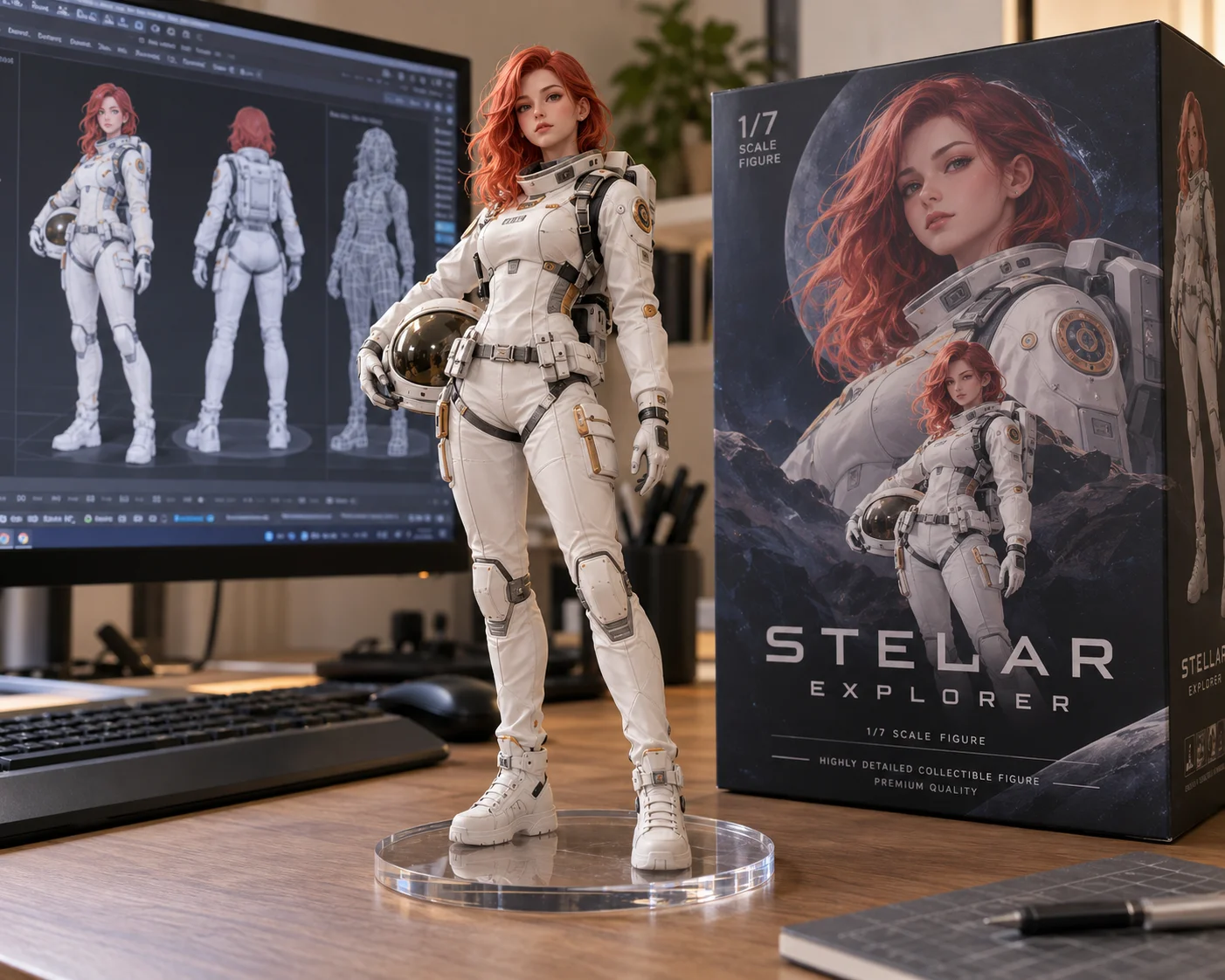 A ChatGPT photo of a red-haired astronaut figure on a clear base on a wooden desk, with a monitor showing three views of its 3D model and a toy box printed Stelar Explorer