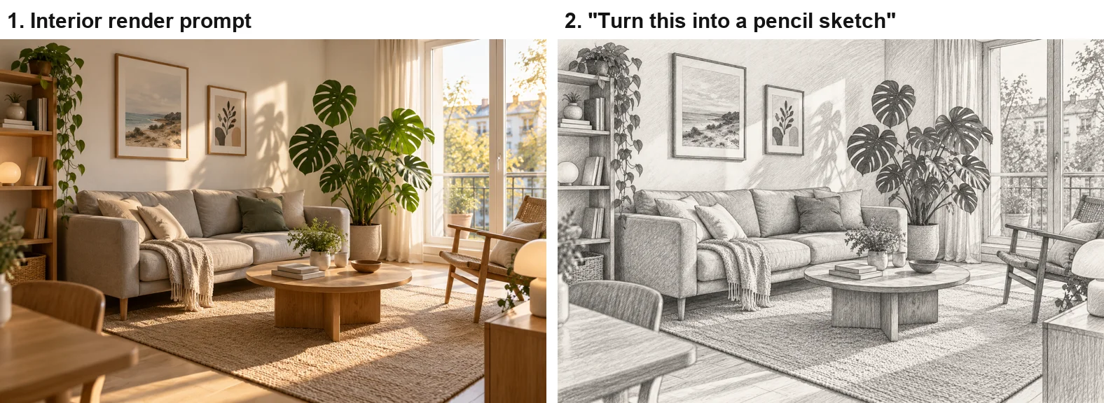 Left: ChatGPT's photorealistic Scandinavian living room with a grey sofa, round wooden table and monstera by a tall window in warm sun. Right: the same room as a monochrome pencil sketch with every object in place