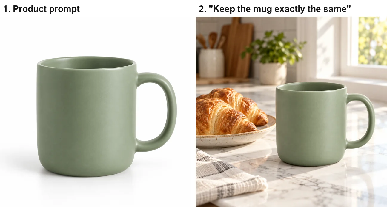 Left: ChatGPT's studio photo of a matte sage-green mug on white. Right: the edit, with the same mug on a marble counter beside a plate of croissants, lit from a window on the right, with a plant, a utensil jar and a linen towel
