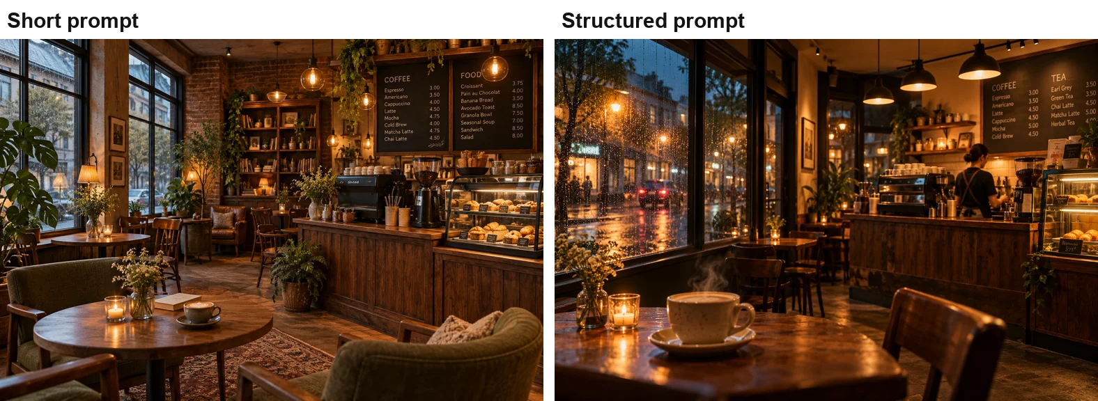 Left: ChatGPT's short-prompt café with amber pendants, brick, bookshelves and chalkboard menus. Right: the structured prompt's rainy-evening café seen from a corner table with a steaming cup, a candle, rain on the window and a barista