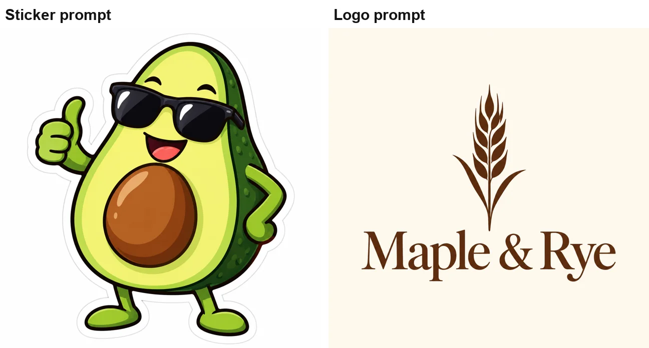 Left: ChatGPT's die-cut sticker of a cartoon avocado in sunglasses giving a thumbs up, with a thick white border. Right: ChatGPT's logo for a bakery called Maple & Rye, a brown wheat stalk above the name in a serif font on cream