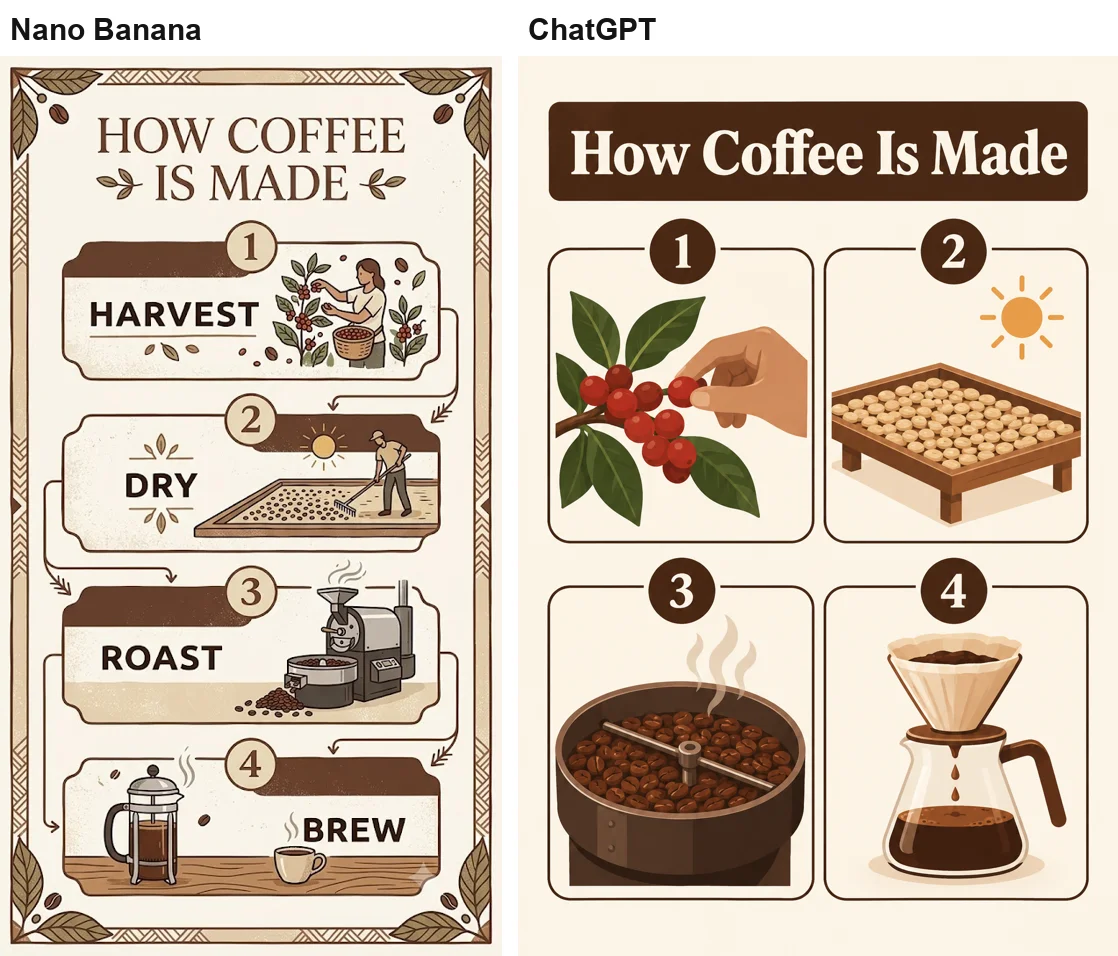 Left: Nano Banana's vertical coffee infographic with the labels Harvest, Dry, Roast and Brew. Right: ChatGPT's version with the title and numbers but no step labels