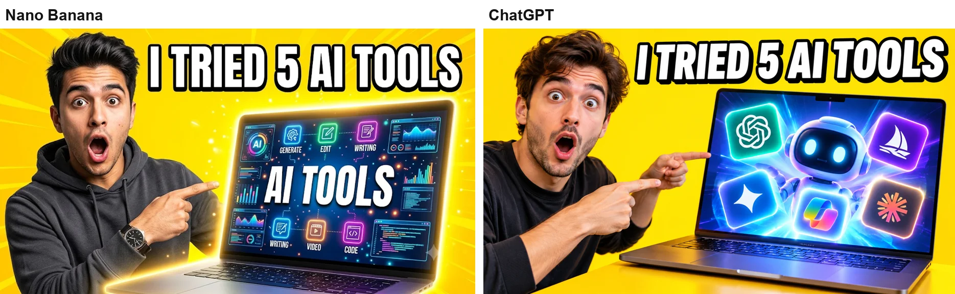 Left: Nano Banana's thumbnail with extra words such as AI TOOLS, GENERATE and CODE on the laptop screen. Right: ChatGPT's thumbnail with no extra words but app icons resembling real logos on the screen