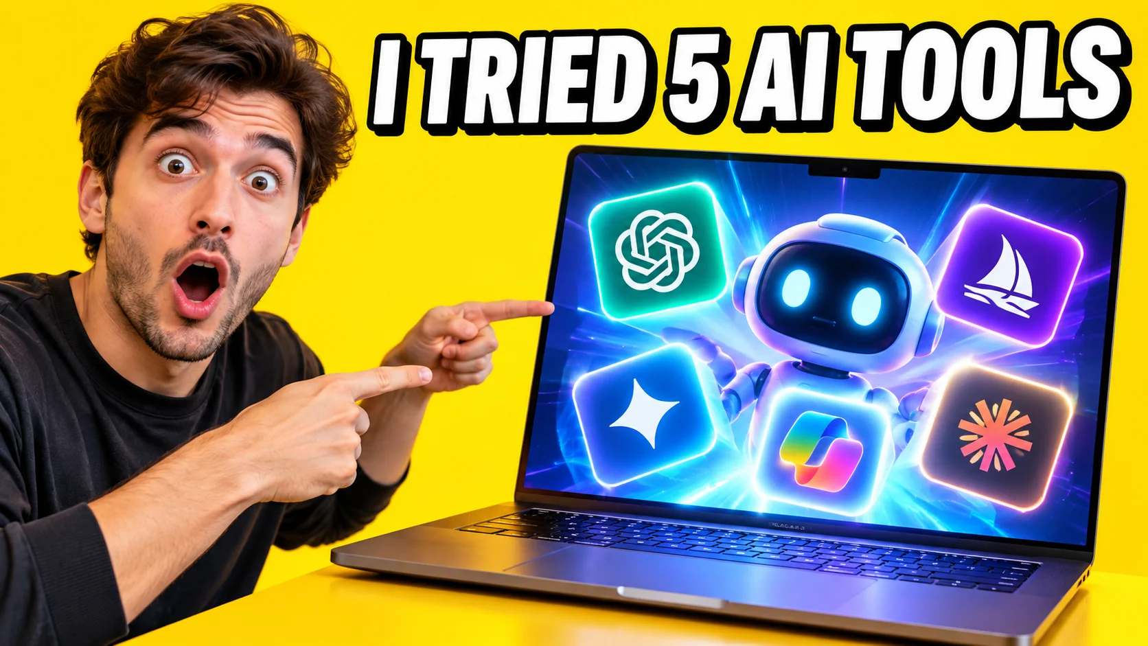 A ChatGPT YouTube thumbnail with the headline I TRIED 5 AI TOOLS, a surprised man pointing at a laptop whose screen shows a cartoon robot surrounded by glowing app icons