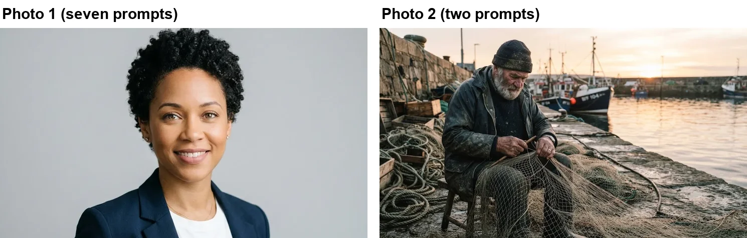 The two photos uploaded for the test: a smiling woman with short curly hair in a navy blazer against grey, used for seven prompts, and an older fisherman in a woollen hat mending nets on a harbour at sunrise, used for two