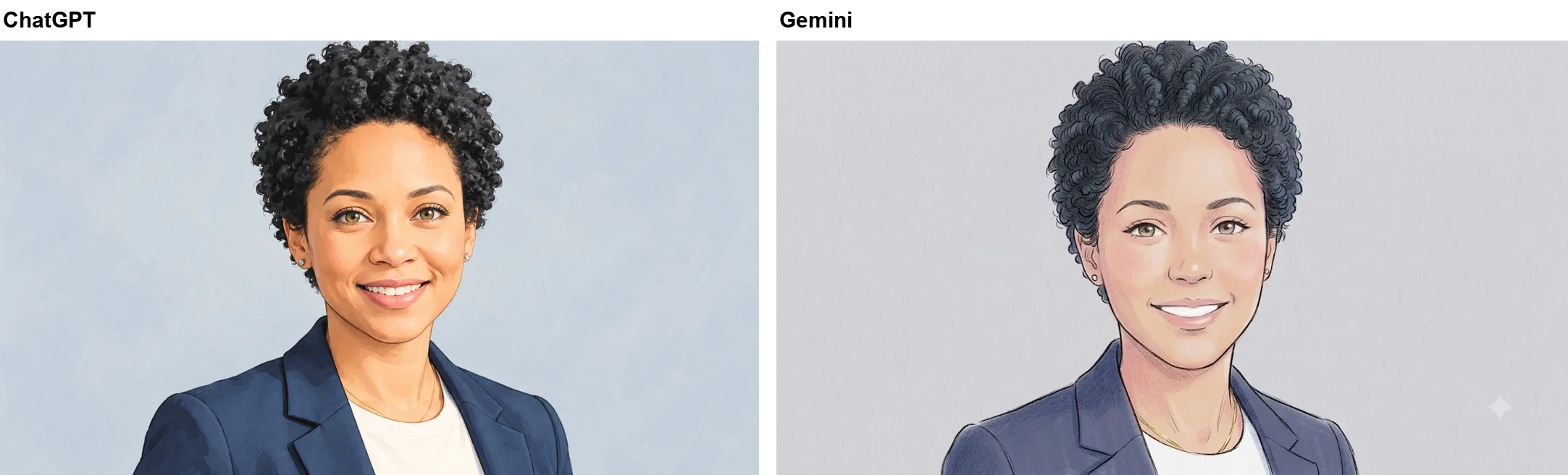 Left: ChatGPT's soft painted illustration of the woman in her navy blazer against a pale blue brushed background, with her skin tone close to the photo. Right: Gemini's coloured-pencil version, which rendered her skin noticeably lighter