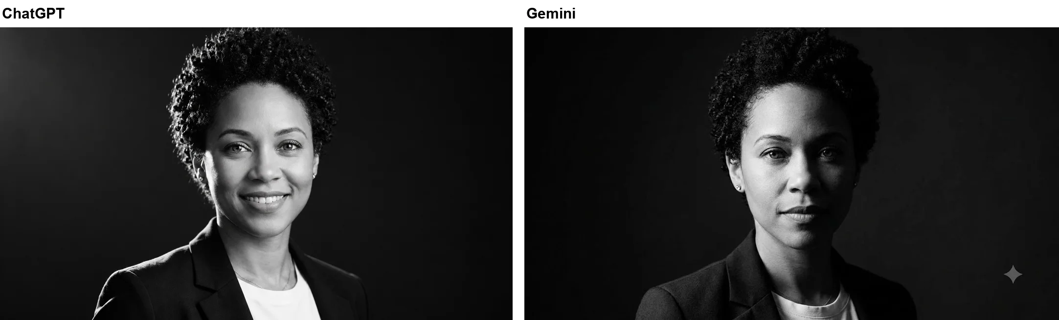 Left: ChatGPT's black-and-white studio portrait of the woman against a near-black background, still smiling broadly. Right: Gemini's version, more dramatically lit, in which the smile has become a neutral, closed-mouth expression